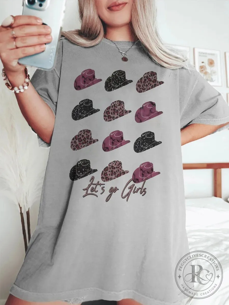 Let's Go Girls Western Cowboy Hat Pattern Graphic T-Shirt