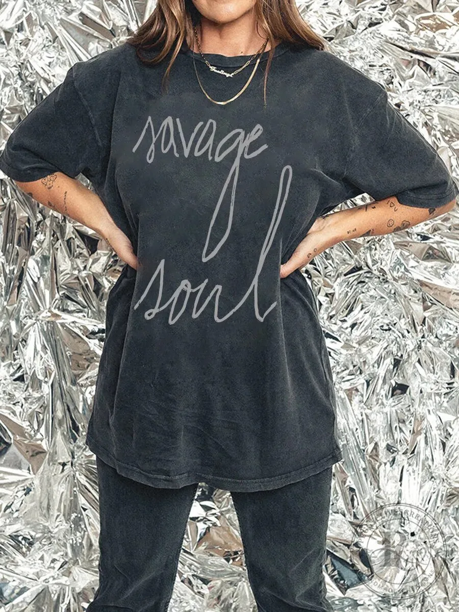 Savage Soul Script Washed Black Graphic T-Shirt