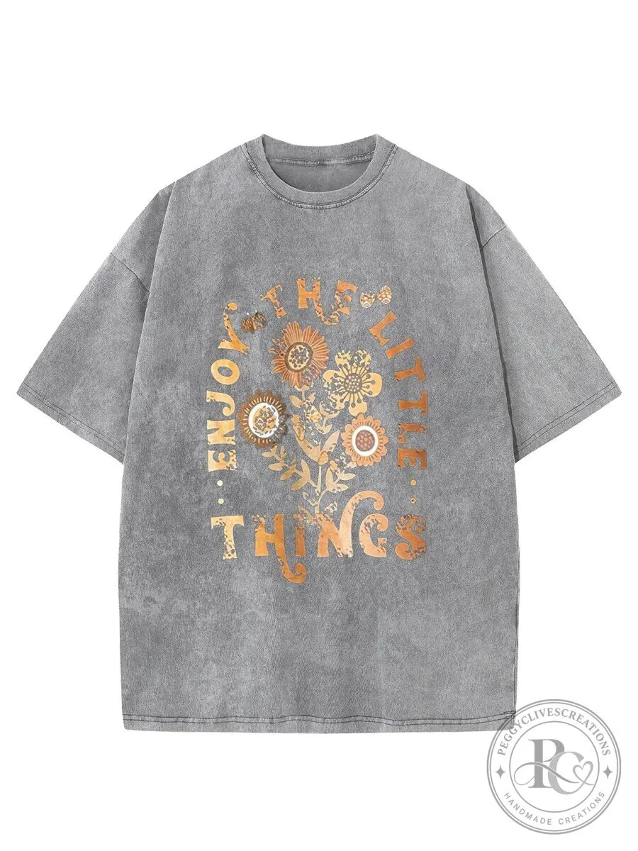 Enjoy The Little Things Floral Graphic Washed Gray T-Shirt