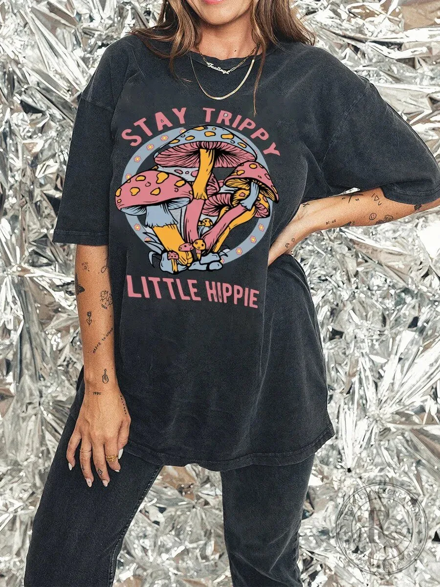 Stay Trippy Little Hippie Mushroom Graphic T-Shirt