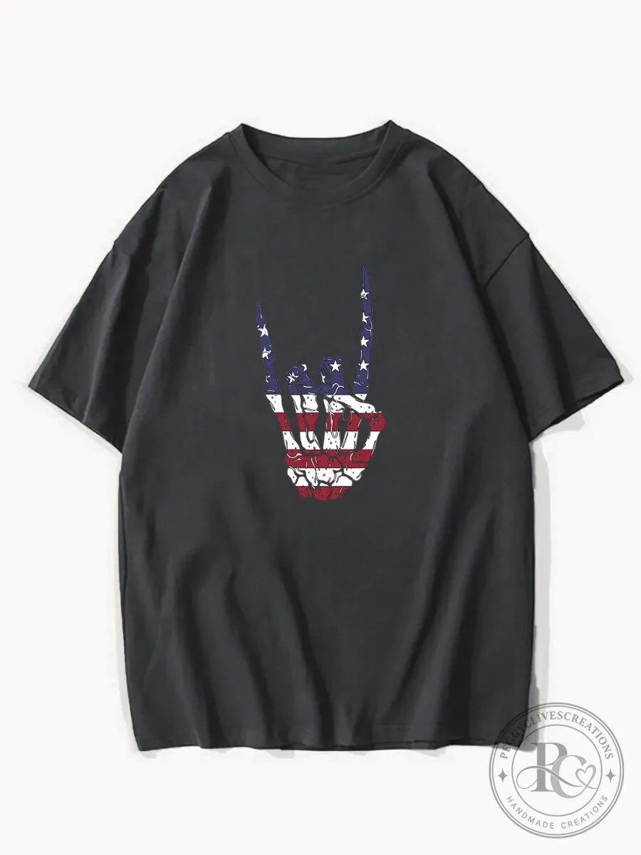 American Flag Skeleton Hand Rock and Roll Sign Graphic T-Shirt