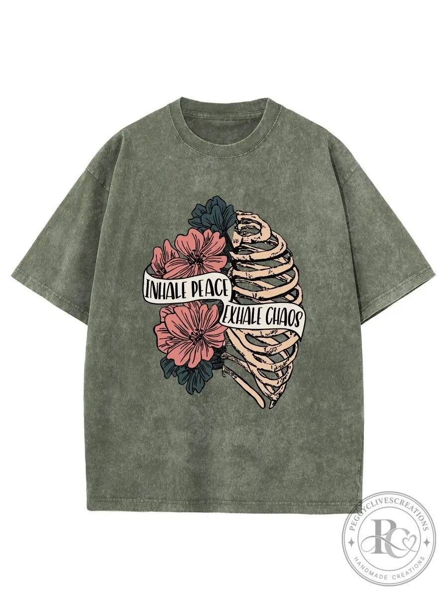 Inhale Peace Exhale Chaos Rib Cage Floral Washed T-Shirt