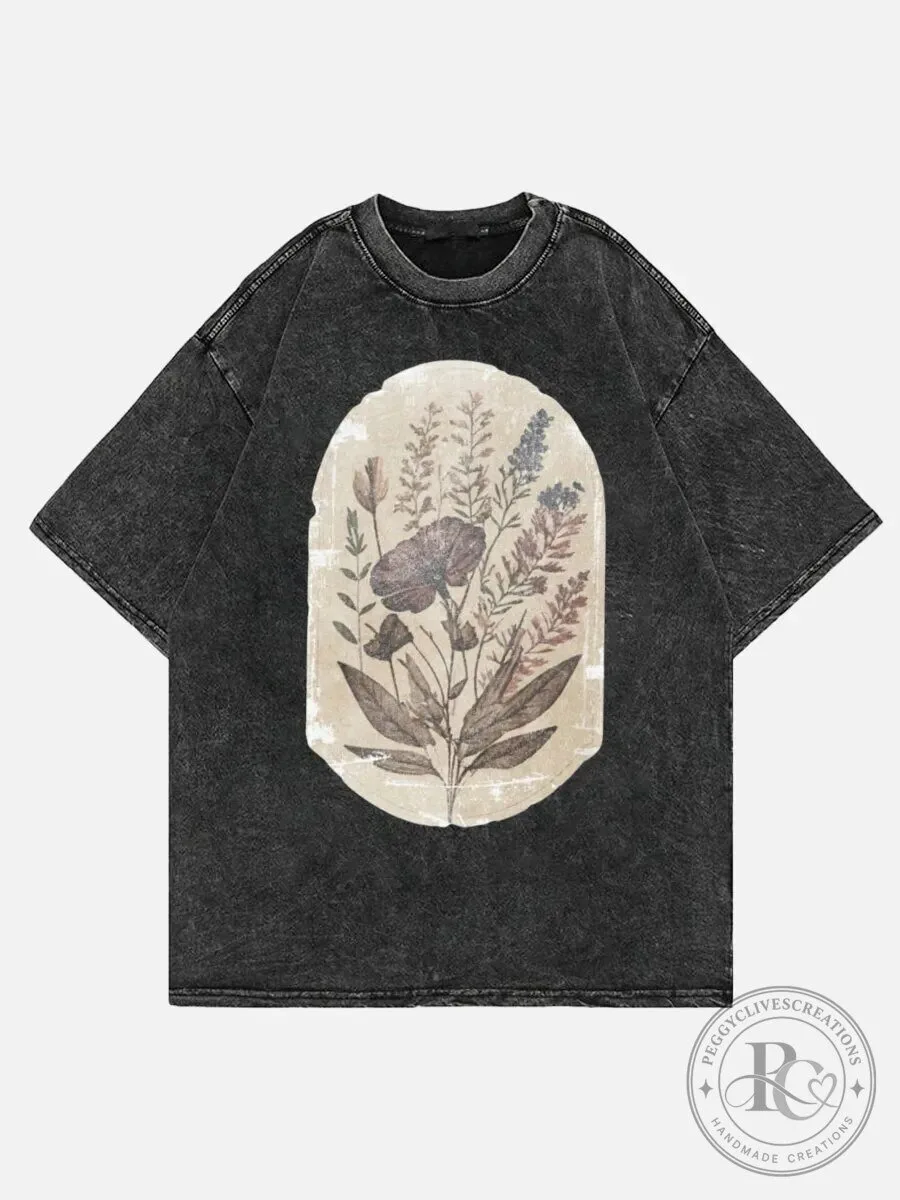 Vintage Floral Botanical Illustration Washed Black T-Shirt