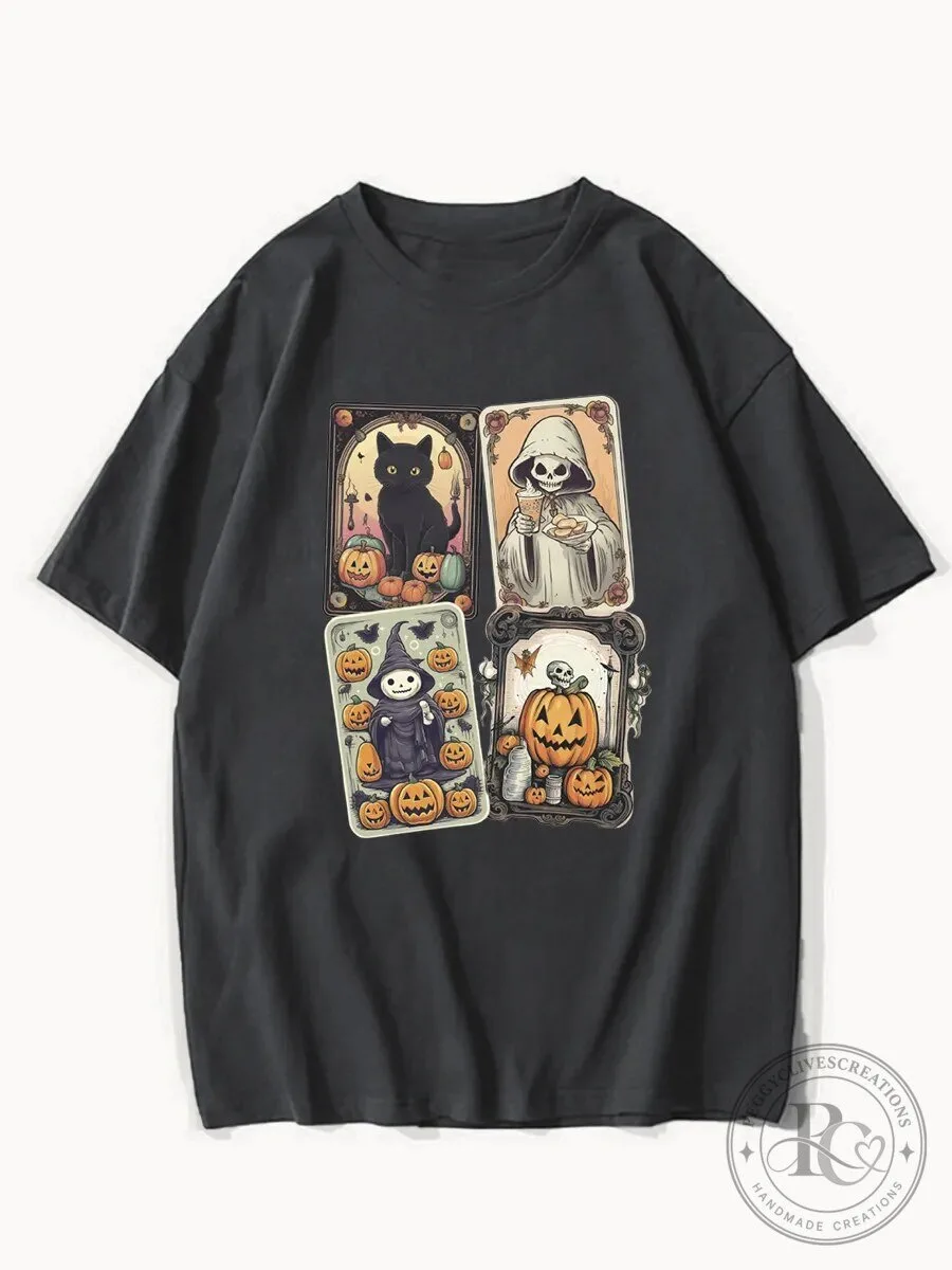Halloween Tarot Card Skeleton Ghost Black Cat Pumpkin T-Shirt